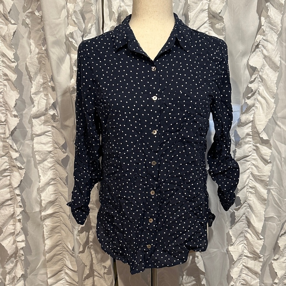Elegant Navy Button-Down Shirt with White Dots